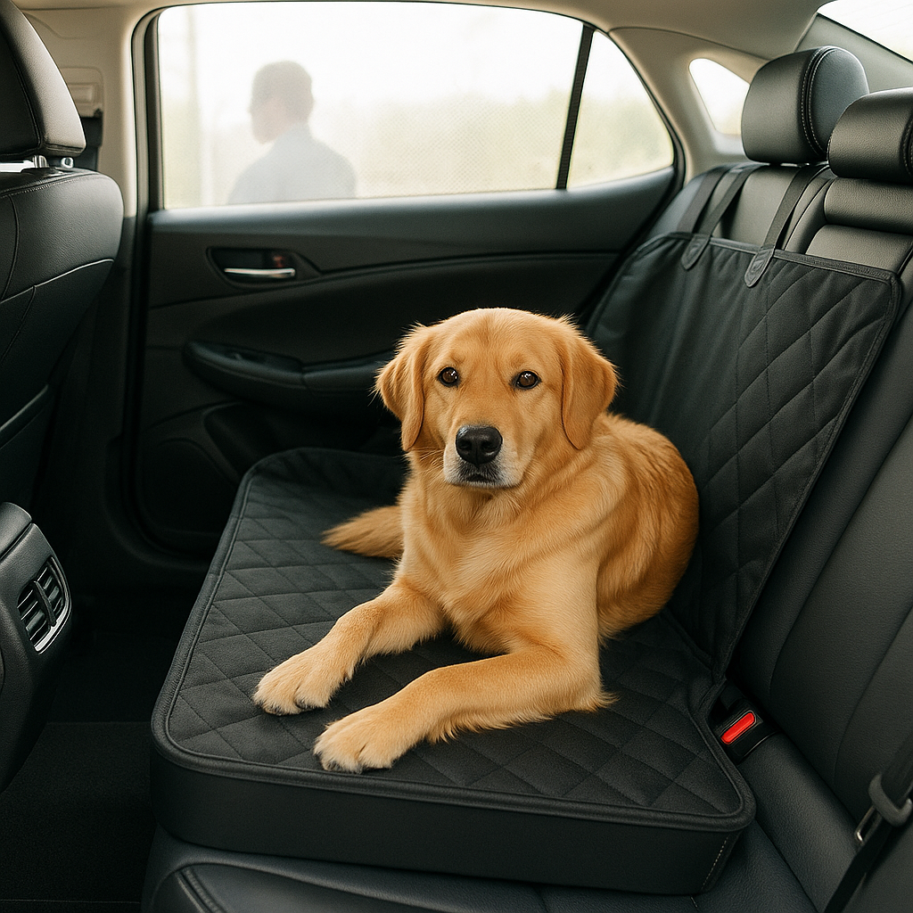 Dog resting on a hard-bottom hammock seat cover with a mesh window in a clean car interior