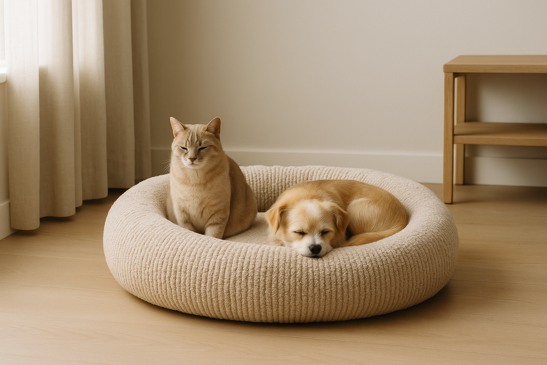 Cat and small dog sharing a beige chenille donut bed in a calm, minimal room