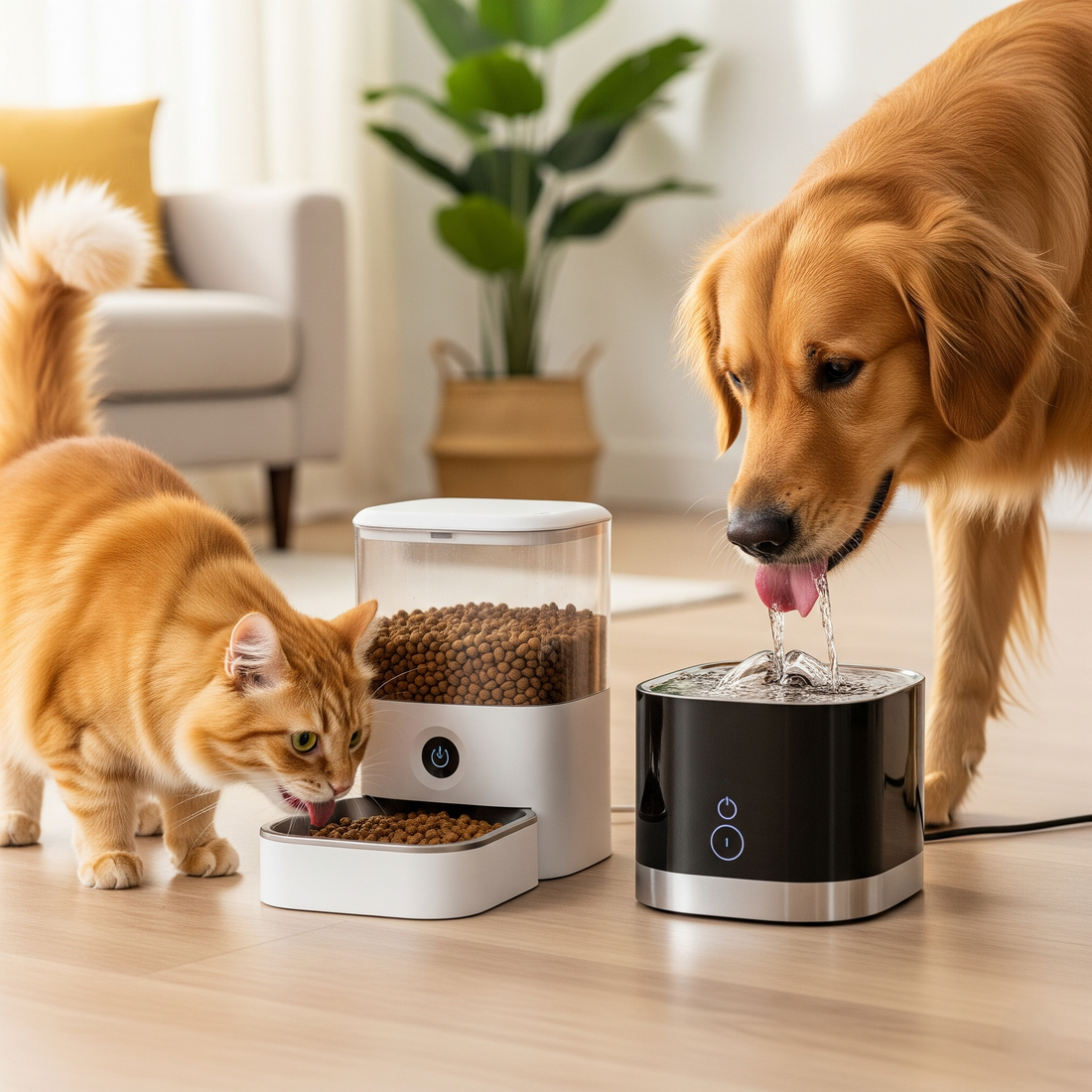 Cat and dog using an automatic feeder and smart water fountain at home, highlighting scheduled meals, fresh hydration, and convenient modern pet care solutions