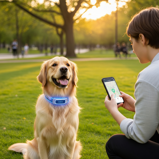 Golden retriever wearing a smart GPS collar with LED light, sitting outdoors while owner tracks location on smartphone — symbolizing safety, pet wellness, and modern pet care technology