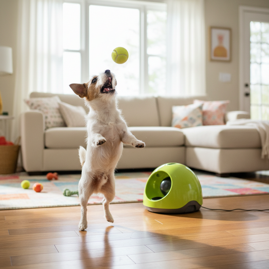 Automatic Dog Ball Launcher — interactive, rechargeable fetch machine for small and medium dogs with 4 ETPU balls, available at PetLovers.