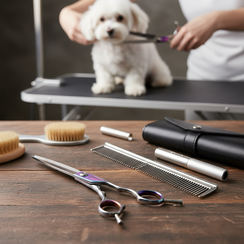 6-in-1 Professional Dog Grooming Scissors Kit — titanium-coated, safety-rounded grooming tools for dogs and cats, available at PetLovers.
