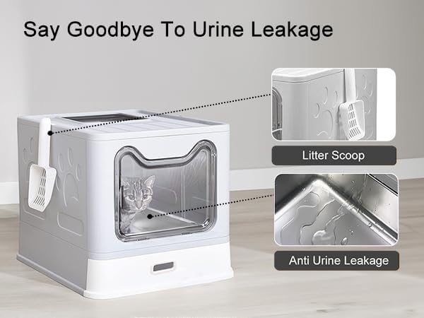 Upgrade Portable Litter Box, Top Entry Cat Box with Lid, No Leakage Kitty Box with Scoop and Mat, Easy Cleaning Cat Box Enclosure(Grey-Stainless Steel)