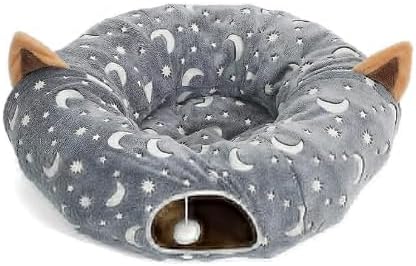 LUCKITTY Cat Tunnel Bed Tube with Cushion and Plush Ball Toy Playground Crinkle Collapsible Self-Luminous Flannel Fabric 3FT for Large Cats Kittens Kitty Small Animals Puppy Grey Moon Star