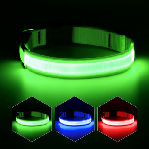 YFbrite Ultra Light Adjustable LED Dog Collar, Light up Dog Collars Rechargeable Glowing in The Dark Collars Visiblity & Safety for Small, Medium, Large Dogs (Green, Medium)