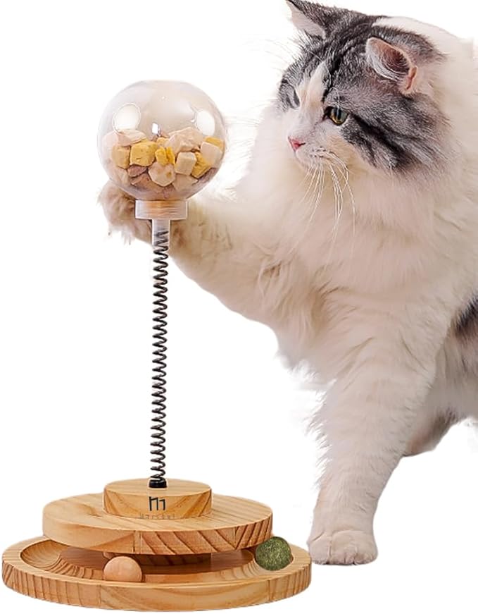 Marchul Cat Ball Toy with Treat Ball, KittenTreat Dispenser Toy with Roller Track Catnip Balls, Interactive Cat Toys Wooden for Indoor Kitten, Food Toy with Automatic Slow Feeder