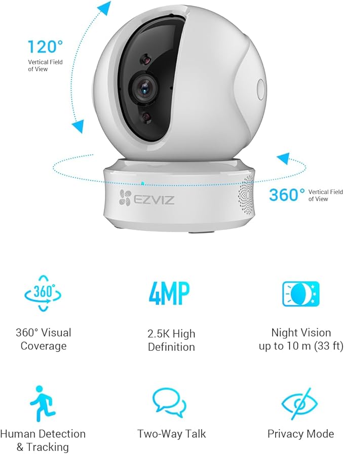 EZVIZ C6CN 2K+ Indoor Pan/Tilt Wi-Fi Security Camera, Human Detection, Smart Tracking, Two-Way Talk with Google Assistant and Amazon Alexa Compatibility