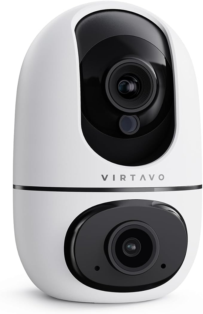 virtavo XD1 Indoor Security WiFi Camera, Wireless, Dual-Lens 360° PTZ Baby Monitor & Pet Cam, Motion Tracking, 2-Way Audio, Night Vision, Cloud/SD Storage, Phone App, Plug-in Power