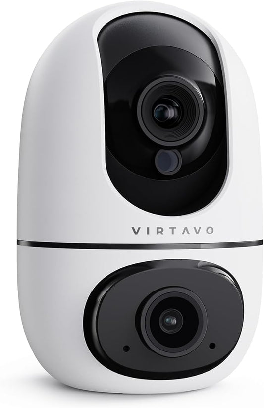 virtavo XD1 Indoor Security WiFi Camera, Wireless, Dual-Lens 360° PTZ Baby Monitor & Pet Cam, Motion Tracking, 2-Way Audio, Night Vision, Cloud/SD Storage, Phone App, Plug-in Power