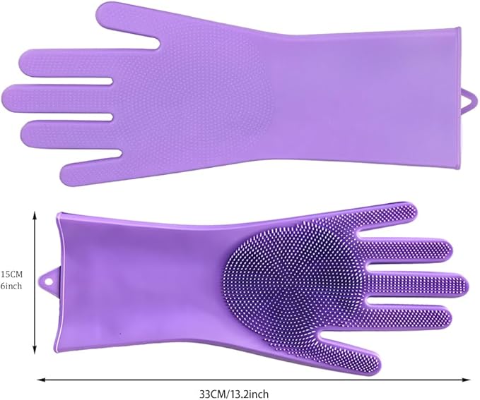 2 pairs Silicone Dishwashing & Pet Grooming Gloves - 2-in-1 Heat Resistant Gloves with High-Density Teeth, Enhanced Five Finger Design for Bathing, Cleaning Dishes, Cars, Dogs & Cats(Purple)
