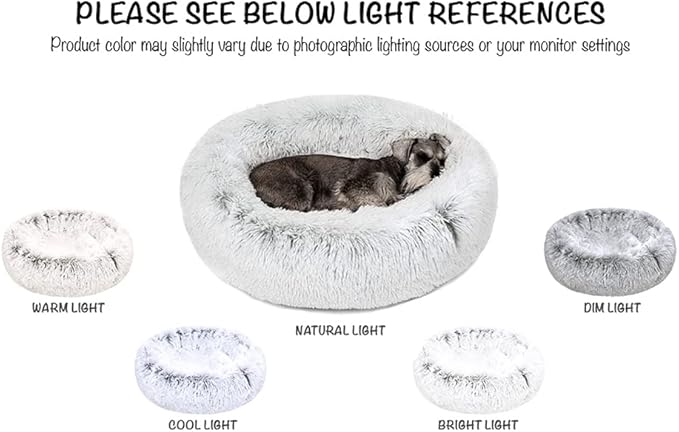 Friends Forever Donut Dog Bed Faux Fur Fluffy Calming Sofa For Medium Dogs, Soft & Plush Anti Anxiety Pet Couch For Dogs, Machine Washable Coco Pet Bed with Non-Slip Bottom, 30"x30"x7" Ivory