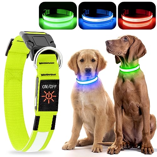 YFbrite Ultra Light Adjustable LED Dog Collar, Light up Dog Collars Rechargeable Glowing in The Dark Collars Visiblity & Safety for Small, Medium, Large Dogs (Green, Medium)