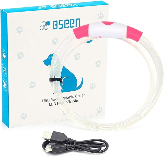 BSEEN Light Up Dog Collar, Rechargeable LED Dog Collar Waterproof Glowing Pet Collar TPU Cuttable Lighted Puppy Collar Safety Dog Lights for Night Walking (Pink 70cm)