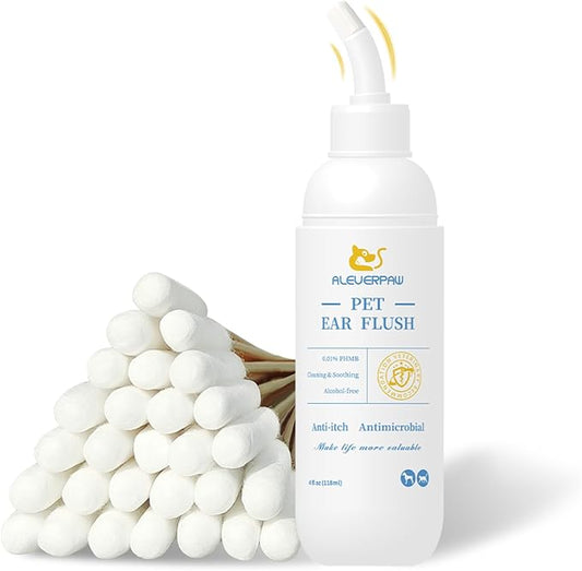 Tris Flush Cat & Dog Ear Cleaner - Dog Ear Infection Treatment with PHMB, Removes Wax, Odo, Gentle & Hypoallergenic, with 20 Cotton Qtips, 4 Fl oz