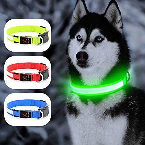 YFbrite Ultra Light Adjustable LED Dog Collar, Light up Dog Collars Rechargeable Glowing in The Dark Collars Visiblity & Safety for Small, Medium, Large Dogs (Green, Medium)