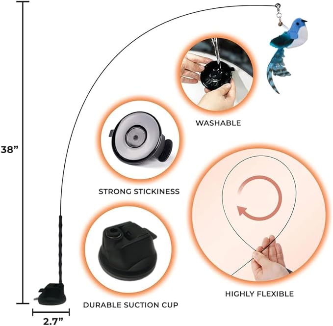 Interactive Catnip Bird Toy Set, Interactive Cat Toys for Indoor Cats, Cat Feather Toy, Suction Cup, Weighted Base, 5 Replacement Birds, Feathers & Bells, Realistic Bird Impression