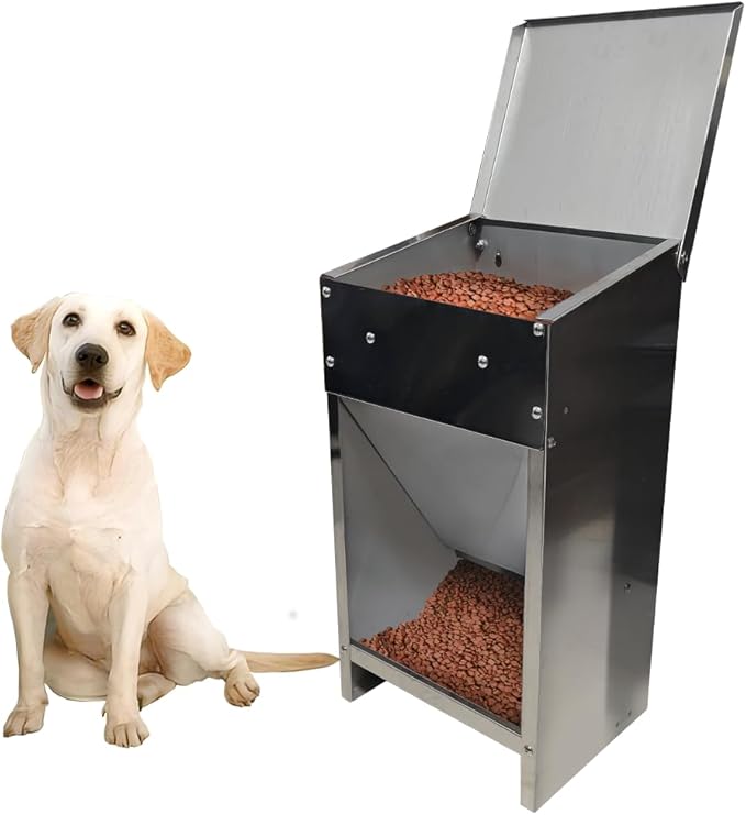 Pet Food Feeder for 25 Lb Kibble - Stainless Steel - Automatic Dog Food Dispenser Gravity Self Feeding Outdoor for Medium Dogs,Large Dog Breeds