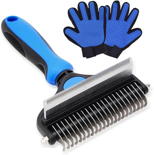 2 in 1 Dog Grooming Brush & Grooming Gloves Combo, Dematting Comb for Dogs - Deshedding Undercoat Rake, Pet Hair Grooming Brush for Long and Short Haired Dogs or Cats(Large, Blue)