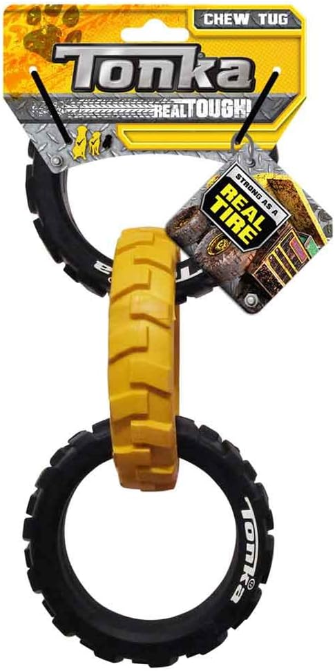 Tonka Three Dog Toy Gift Set - 3in Mega Ball, 7in Axle Tread with Insert Feeder, and 10.5in Rubber Flex Tread 3-Ring Tug - Yellow/Black