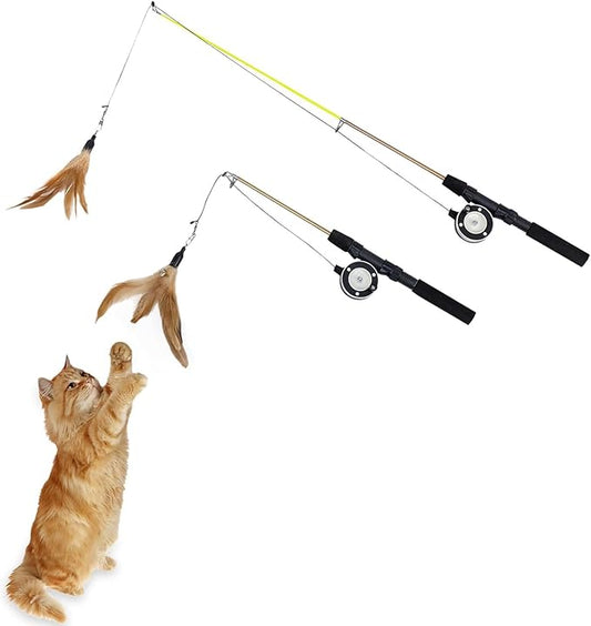 2-Pack Cat Wand Toys with Feather & Silvervine Stick – Adjustable 16"-28" Interactive Cat Teaser Toy for Indoor, Elastic String with Bell – Durable, Bouncy & Irresistible Catnip Alternative