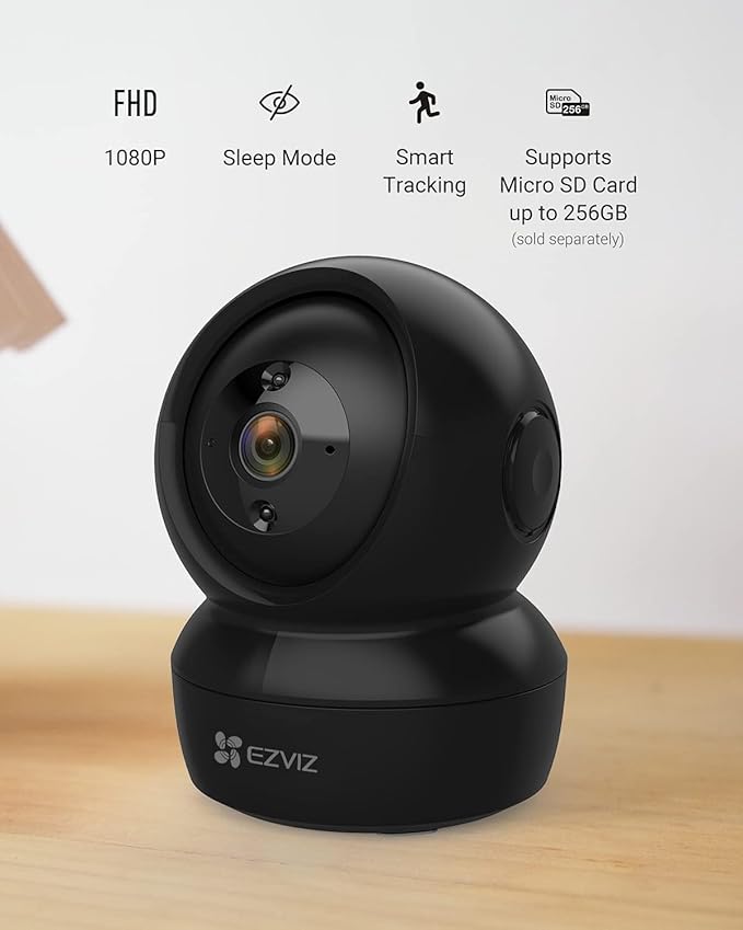 EZVIZ 360° Pan/Tilt WiFi Security Camera Indoor, Cameras for Home Security, Baby Monitor with Camera and Audio, Pet Camera with Phone App, Night Vision, Motion Detection, 2-Way Audio (C6N Black)