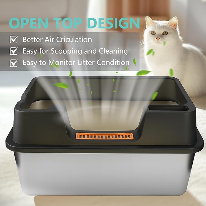 XL Stainless Steel Litter Box with Lid - 23.7"×15.7"×10.6" High Sided Metal Tray for Big/Multi-Cats, Anti-Leak Easy Clean Scoop & Foot Mat (Black)