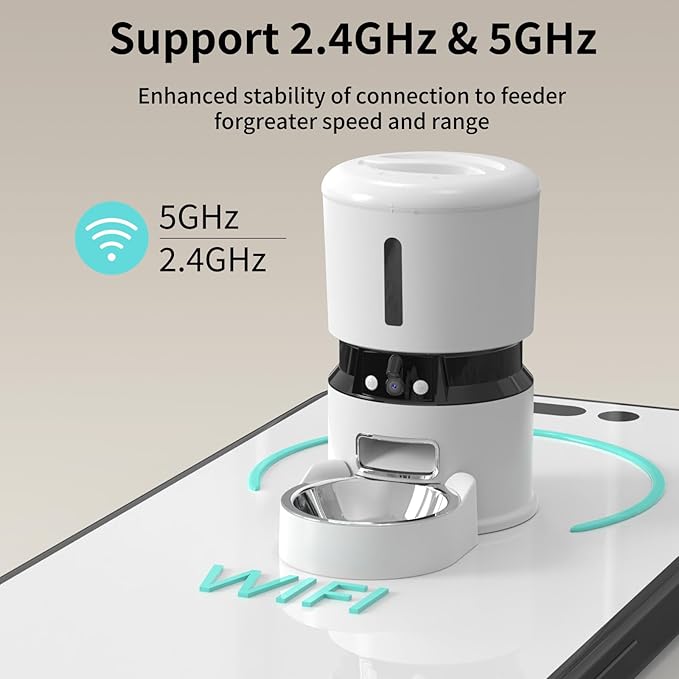 Automatic Cat Feeder with 2 Cameras 1080P HD with Night Vision Pet Food Dispenser Two-Way Voice and Audio Dog Smart WiFi Dog & Cat Feeder Programmable Schedule Slow Bowl White