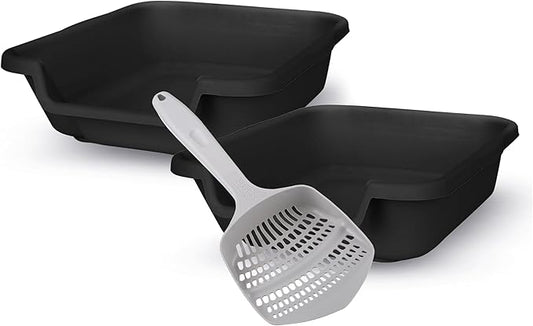 KittyGoHere Senior Cat Litter Box 2 Pack, Small Black Low Entrance Kitty Litter Box, Sized for Cats Comfort, Perfect for Senior and Arthritic Cats, Made in USA – Includes Long-Handle Jumbo Scoop
