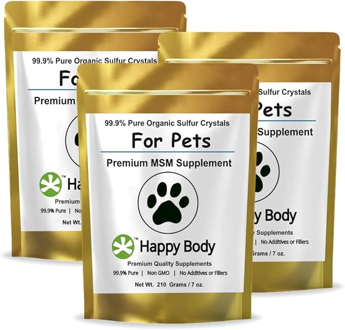 HAPPY BODY Pure MSM Joint Supplement for Dogs, Cats, & Horses – 100% Additive-Free – High Performance, Supports Senior Pets Wellness, Healthy Joints, Mobility, Aches, & Fatigue 7oz - 3 Packs