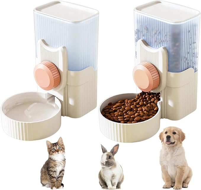 Hanging Automatic Pet Feeder Water Dispenser Set, 35oz Rabbit Food Bowl Water Bottle Cage-Mounted Gravity Hanging Feeder for Small Pets Rabbits Ferrets Cats Dogs Guinea Pigs (Pink)