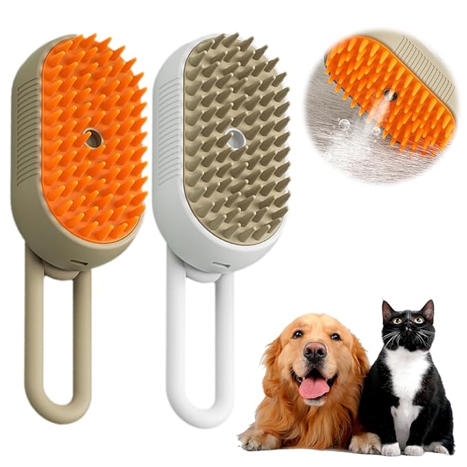 New Cat Steam Brush, 3 in 1 Pet Steam Groomer Brush, Rechargeable Pet Steam Groomer Comb for Massaging and Cleaning Shedding Pets Hair, Multifunctional Hair Removal Comb for Cats Dogs (Khaki+White)