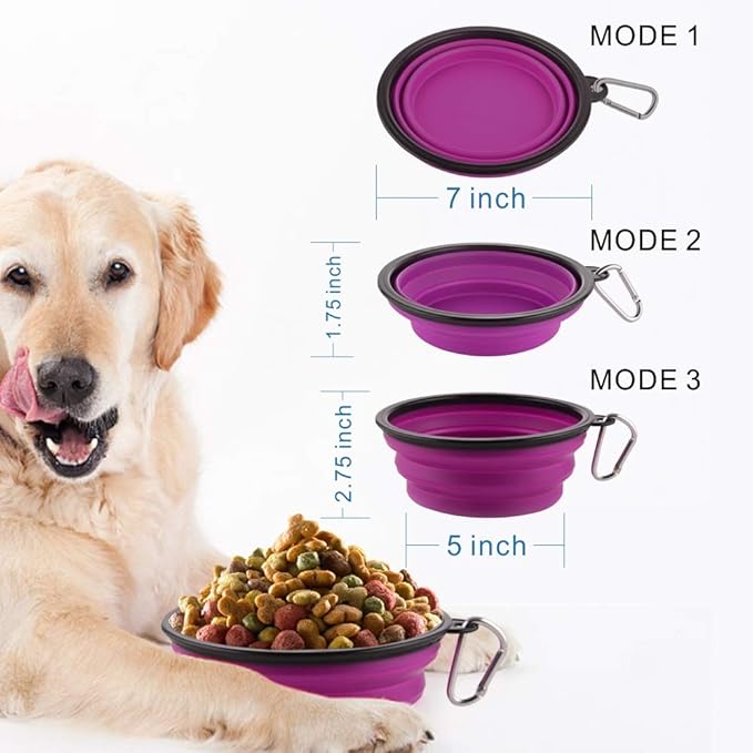 Guardians Large Collapsible Dog Bowls, 34oz Travel Water Food Bowls Portable Foldable Collapse Dishes with Carabiner Clip, 2 Pack (Blue + Purple)