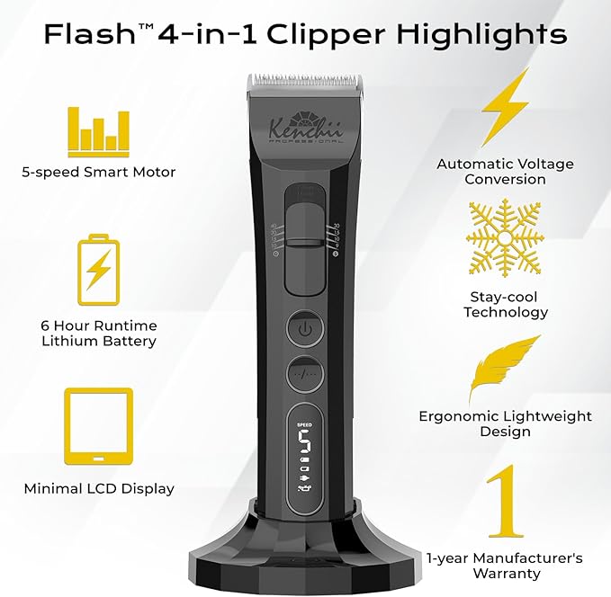 Kenchii Flash Dog Clippers for Grooming - 4-in-1 Digital Cordless Dog Grooming Clippers - Precision Pet Grooming Trim, Shape, and Style Effortlessly, White