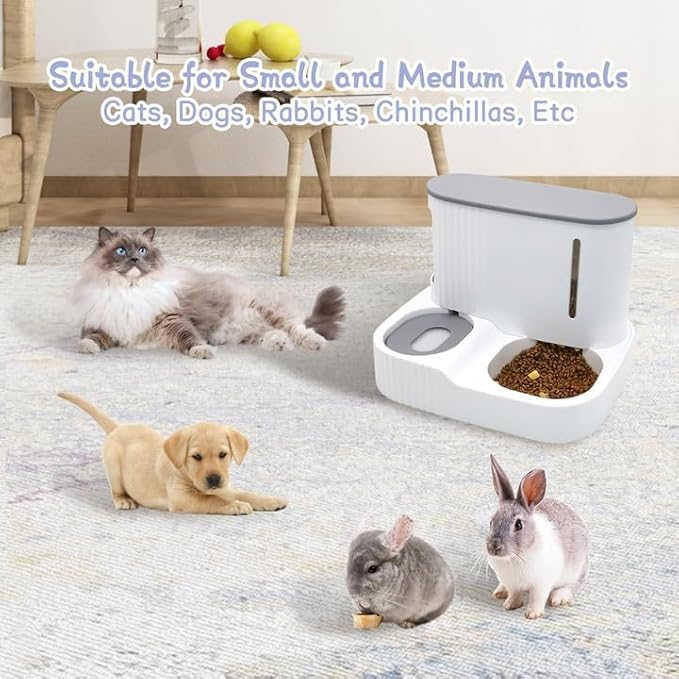 Kathson Automatic 2 in 1 Cat Feeder and Water Dispenser, Gravity Feed Pet Feeder for Indoor & Outdoor Cats (Grey)