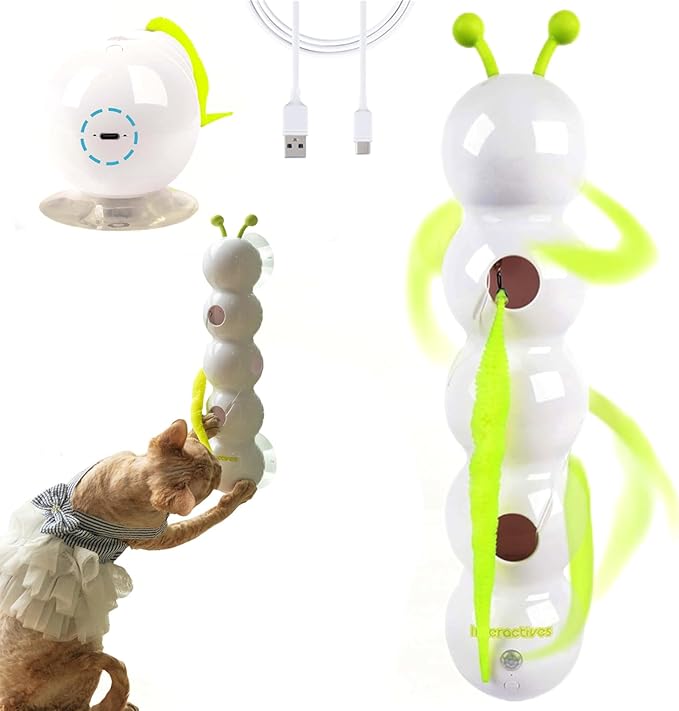 Whirlie Cat Toy, Interactive Rotating Kitten Toy with Suction Cup, Automatic Moving Cat Worm for Indoor Cats to Stimulate Hunting Instincts & Reduce Boredom