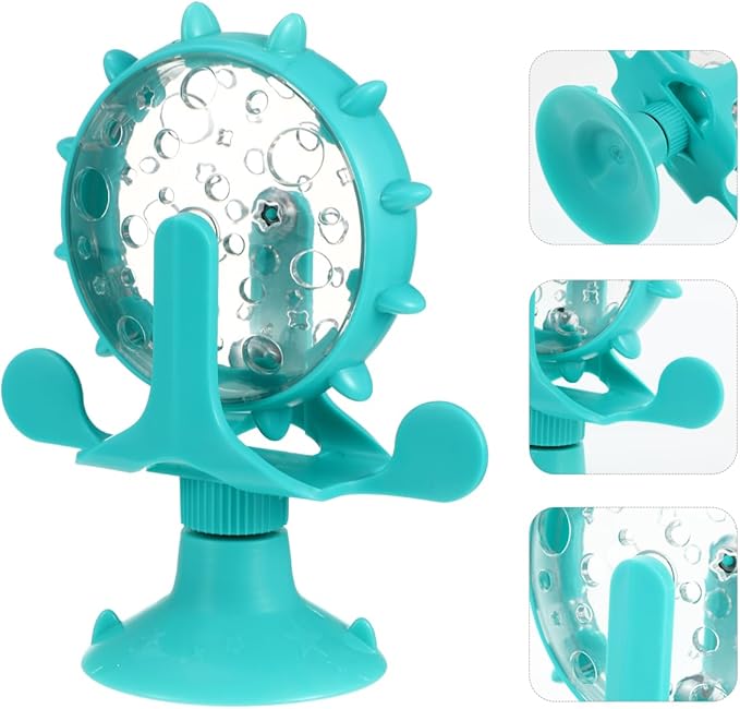 Interactive Pets Treats Dispenser Toy: 360 Degree Rotating Windmill Puzzle Toys for Small Cat & Dog Exercise - Window Ferris Wheel Feeder with Suction Cup for Puppies, Blue