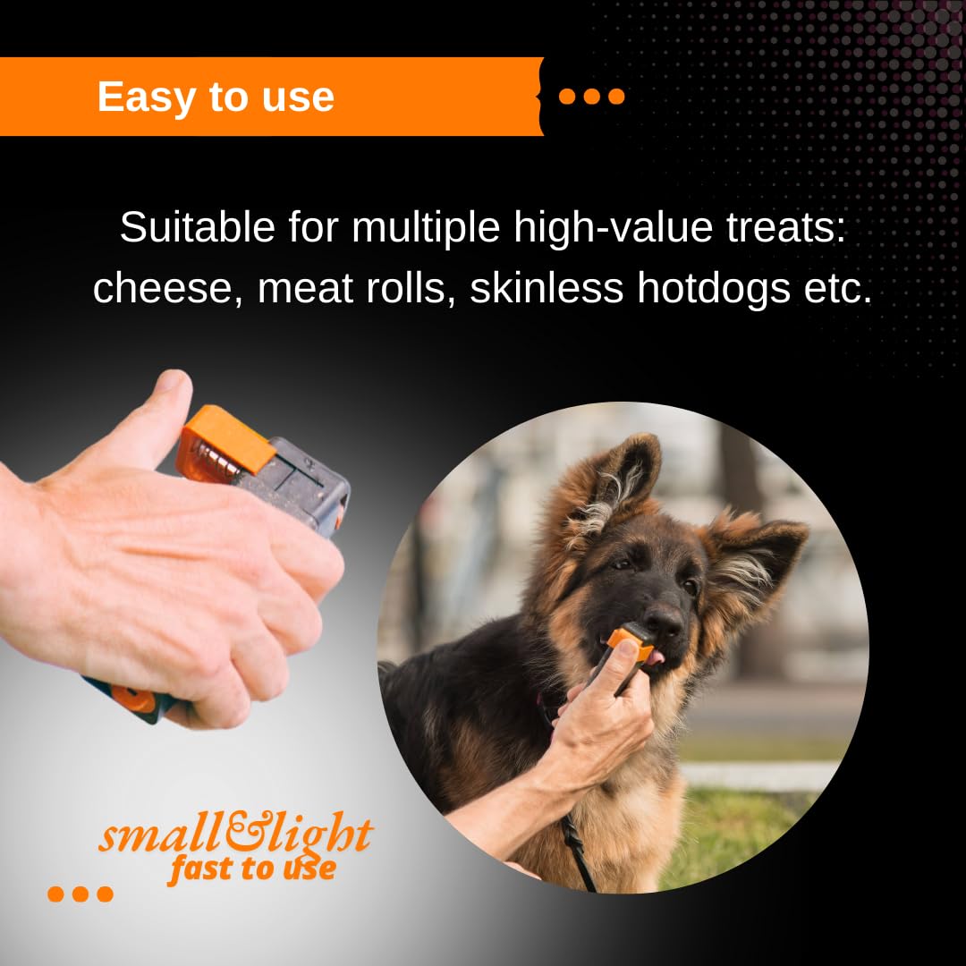 Handheld Dog Treat Dispenser, Offers a Treat (Max. diameter 3/4") in a Clean and Safe Way, Easy 1 Hand Operation, Slices Cheese, Meat Rolls etc. into Treats, Made in Finland