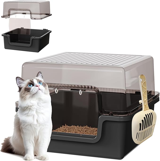Oneluck Large Covered Cat Litter Box with Scoop and Transparent Lid, Non-Stick, Durable, Easy-Clean Pan for Multi-Cat Households,XL,Black