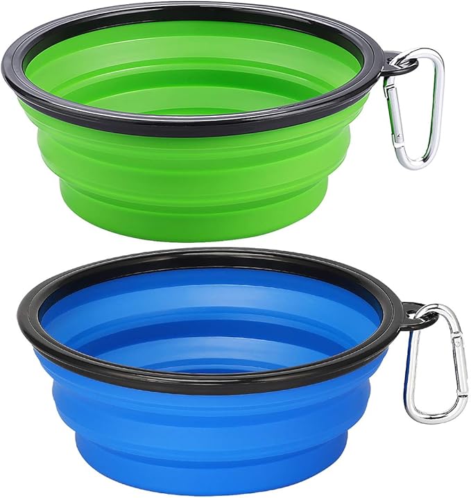 Kytely Large Collapsible Dog Bowls 2 Pack, 34oz Foldable Dog Travel Bowl, Portable Pet Water Food Bowl with Clasp, Pet Cat Feeding Cup Dish for Traveling, Walking, Hiking (Blue+Green)