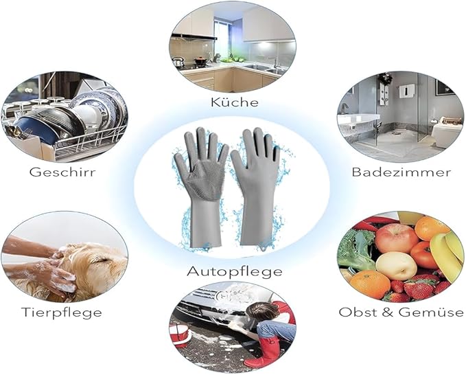 2 pairs Silicone Dishwashing & Pet Grooming Gloves - 2-in-1 Heat Resistant Gloves with High-Density Teeth, Enhanced Five Finger Design for Bathing, Cleaning Dishes, Cars, Dogs & Cats (Gray)