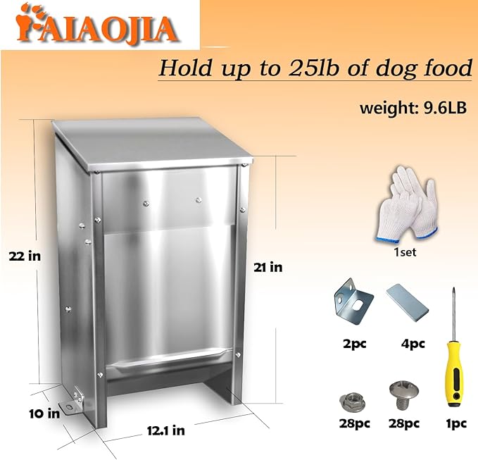 Pet Food Feeder for 25 Lb Kibble - Stainless Steel - Automatic Dog Food Dispenser Gravity Self Feeding Outdoor for Medium Dogs,Large Dog Breeds