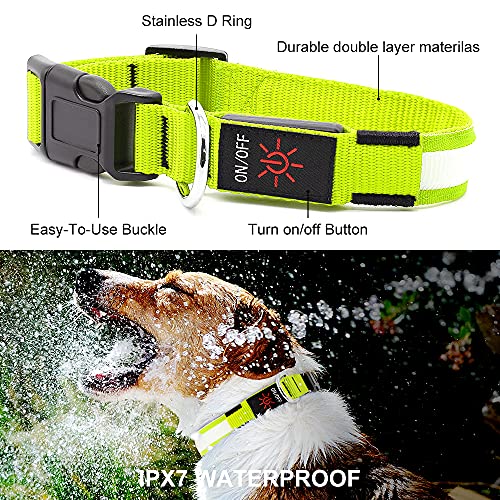 YFbrite Ultra Light Adjustable LED Dog Collar, Light up Dog Collars Rechargeable Glowing in The Dark Collars Visiblity & Safety for Small, Medium, Large Dogs (Green, Medium)