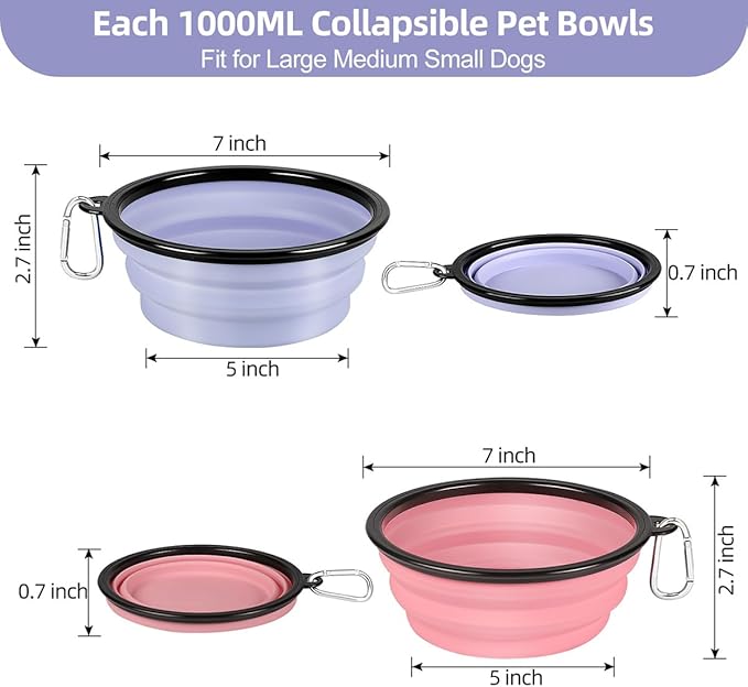 Kytely Collapsible Dog Bowls (1000ml), 2Pack Foldable Travel Bowls, Portable Dog Water Food Bowl with Clasp (Lavender+Pink)