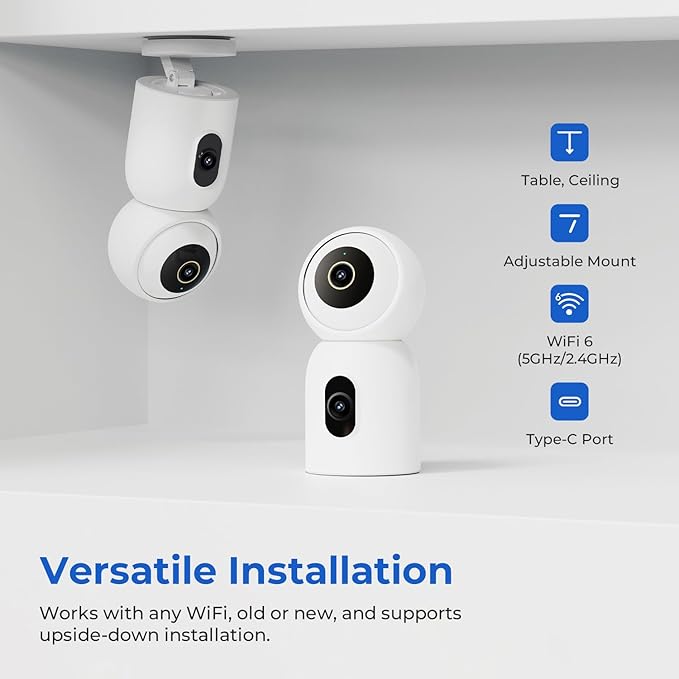 IMILAB C30 Dual Lens Security Camera Indoor, 3K+3K Baby Monitor 360° View Dog Camera w/Phone App, 5G WiFi Room Cam for Bedroom, Cry/Pet/Smoke/Fire Detection, Wall/Room Mount, Plug in, Easy Setup.