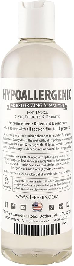 Jeffers Hypoallergenic Shampoo for Dogs, Cats, and Small Pets 17 oz – Tearless, Soap Free, Moisturizing Formula with Aloe Vera, Vitamins A, D & E – Gentle for Sensitive Skin – Made in USA