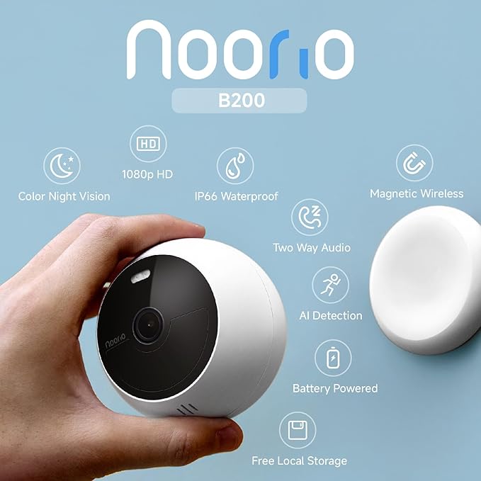 Noorio B200 2-Cam Kit with Hub, Wireless Security Camera System for Home, Indoor/Outdoor 1080p Cameras, Battery Powered, Motion Activated, Color Night Vision, Compatible with Alexa