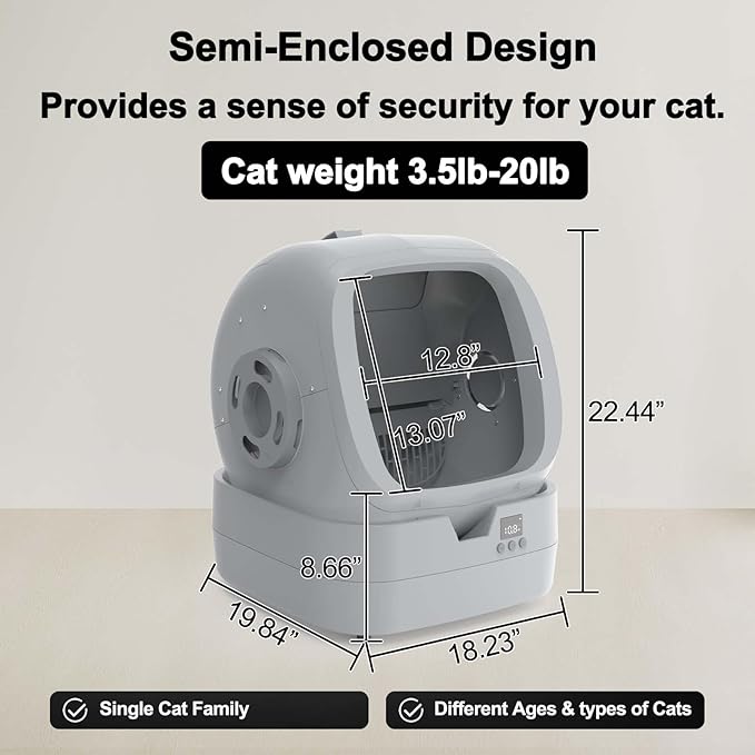 Automatic Self-Cleaning Cat Litter Box with APP-Controlled, Weight Tracking ā 86L Ultra-Quiet, Smart Health Monitor, and Safe Anti-Pinch Design (Assembly Required) -Light Grey
