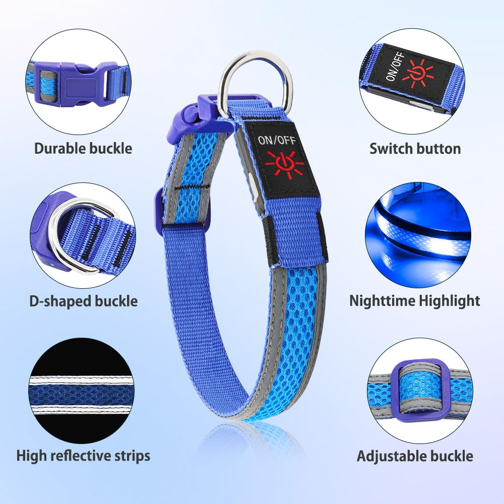 Illumifun LED Dog Collar, USB Rechargeable Light Up Collar Glow in The Dark, Reflcetive Safery Pet Light for Large Dogs Walking at Night (Large, Light Blue)