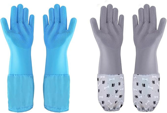 Pet Grooming Gloves Pet Hair Remover Cat, Dog Washing Gloves Silicone Heat Resistant Cleaning Gloves with High-Density Teeth Grooming Gloves for Dogs, Cats, Horses (2 Pairs - Blue & Gray)