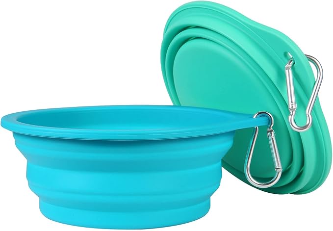 SLSON 2Pack Collapsible Dog Bowl,Integrated Molding Travel Bowl No Plastic Rim Pet Feeding Bowls for Walking Traveling Outdoors,600ML (Light Blue+Light Green)